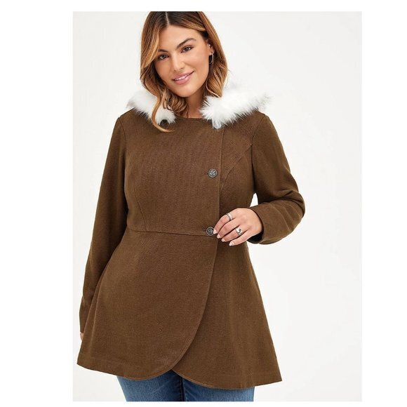 Torrid 0 (0X,‎ size 12) New Outlander Faux Fur Trim Tweed Riding Hooded Coat - Picture 1 of 2
